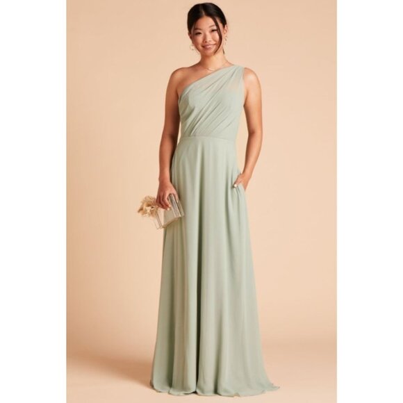 Birdy Grey Kira Chiffon Bridesmaid Dress Size M Sage Green One Shoulder Maxi - Picture 1 of 10